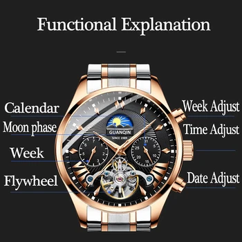 GUANQIN нови Часовници мъжки механичен мъжки часовник водоустойчив спортен часовник с турбийоном от неръждаема стомана relogios masculino
