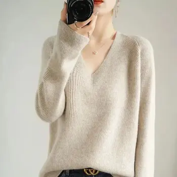 Есенно-зимния Нов пуловер, Женски жилетка с V-образно деколте, опростен пуловер оверсайз, вязаный елегантен женски жилетка