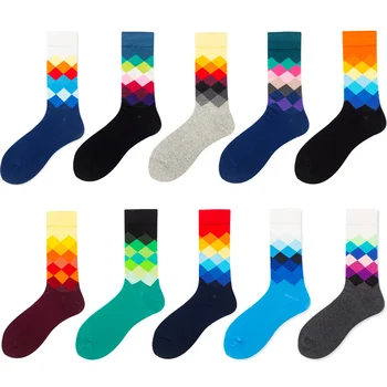 Уличен стил, Мъжки чорапи Памук за скейтборд, 10 чифта/компл., Цветни чорапи до бедрото, с шарени решетки, Мъжки Щастливи Дълги Чорапи