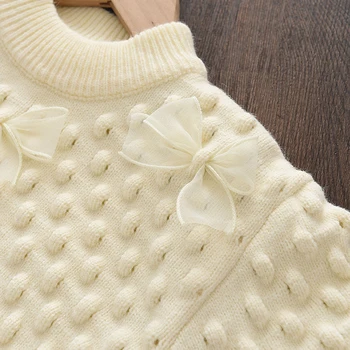 Bear Leader/ Пуловер За момичета, Есента Новият Корейски Пуловер С Кръгло Деколте и Лък, Сладък Топло Вязаный Пуловер, Однотонная Модни Детски Дрехи За Момичета