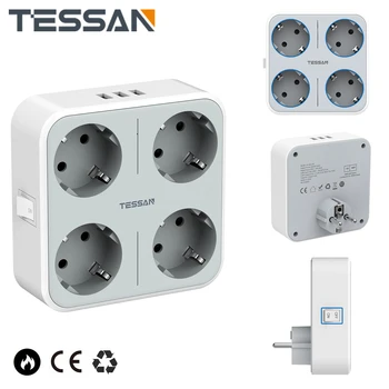 USB-удължител TESSAN с ключа, 4-позиционна жак и 3 USB адаптер за контакти ЕС Smart Plug със защита от претоварване