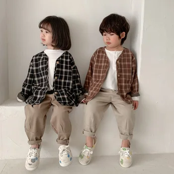 Пролетно-есенен детски памучни ленени каре якета за момчета и момичета в корейски стил, свободни ежедневните си палто, детски палта