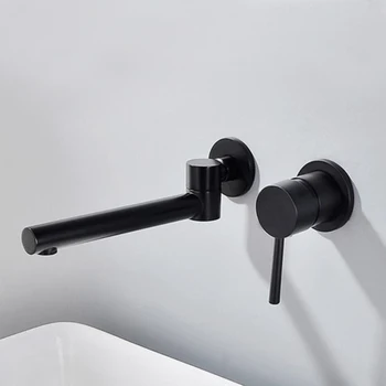Уникален Смесител за мивка от Плътен Месинг с една дръжка, Стенен Смесител за мивка, Матиран Черен IS332